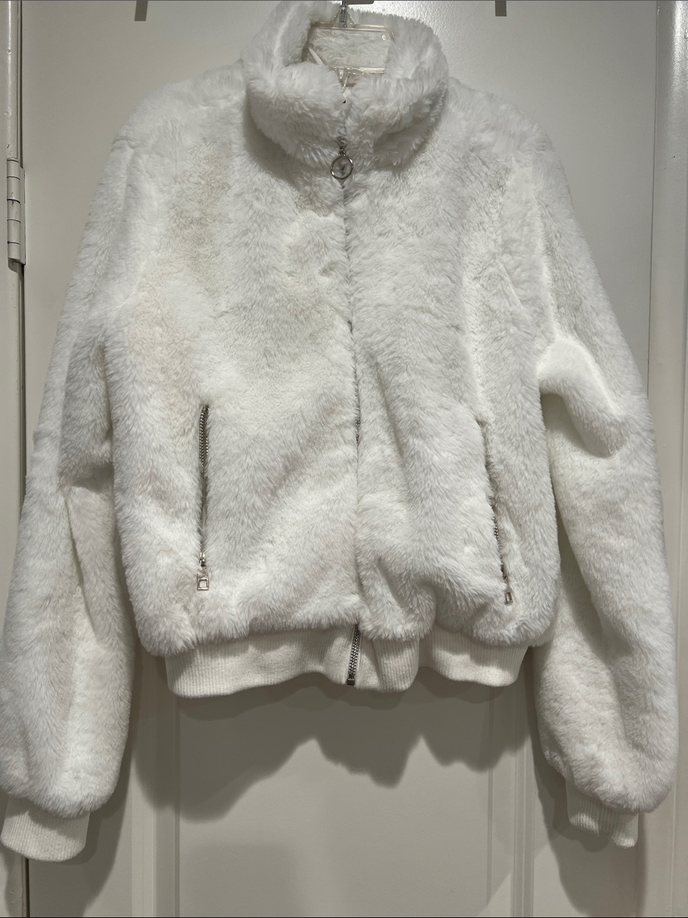 Ambiance Soft White Faux Fur Teddy Jacket with Zip Pockets